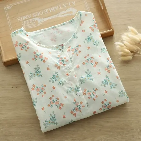 夏季文艺小清新碎花圆领纯棉五分袖衬衫女宽松休闲中袖娃娃衫上衣商品大图