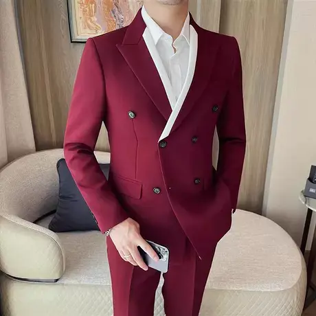 双排扣撞色宴会礼服套装商务英伦痞帅西服修身男士小西装外套红色图片