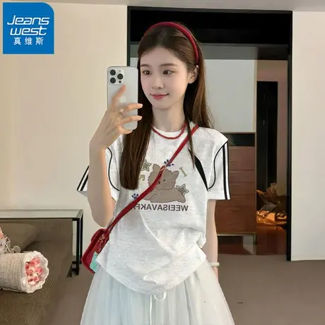 NR真维斯休闲宽松圆领百搭短袖T恤夏季女设计感纯棉正肩上衣潮牌商品大图