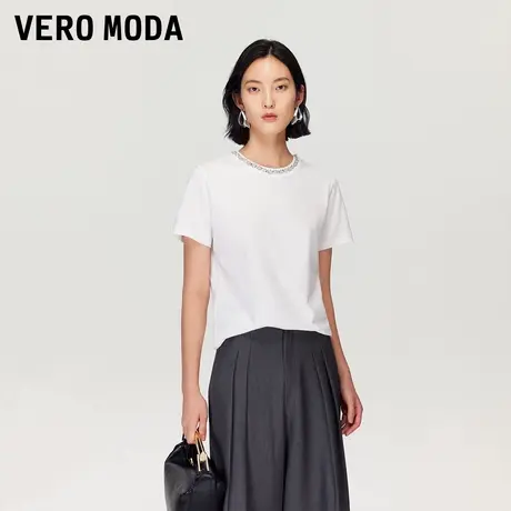 Vero ModaT恤25秋季新款纯棉正肩钉珠装饰纯色短袖上衣325301006商品大图