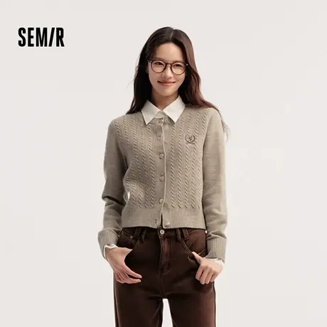 [商场同款]森马针织开衫女短款绞花学院风2024新款冬季假两件毛衫图片