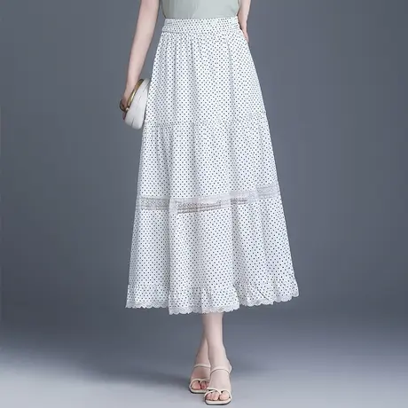 设计感冰丝波点半身裙女夏季新款松紧腰A字裙中长蕾丝拼接蛋糕裙商品大图