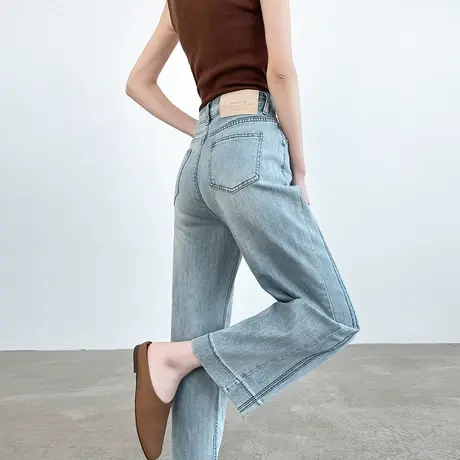 蓝色九分阔腿牛仔裤女夏季薄款高腰宽松显瘦垂感百搭小个子直筒裤商品大图