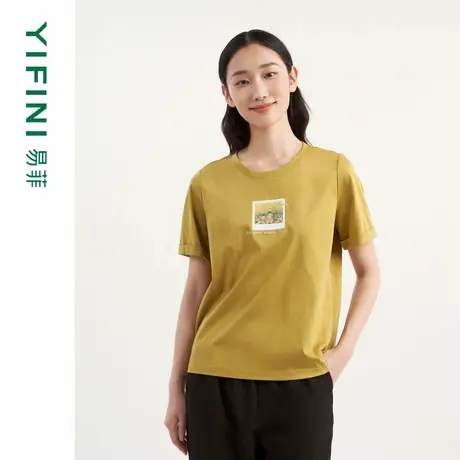 Yifini/易菲丝光索罗娜棉针织宽松短款烫画印花百搭时尚T恤女夏新图片