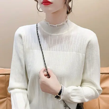 洋气蕾丝半高领毛衣打底衫女秋冬内搭温柔显瘦长袖软糯针织衫上衣商品大图