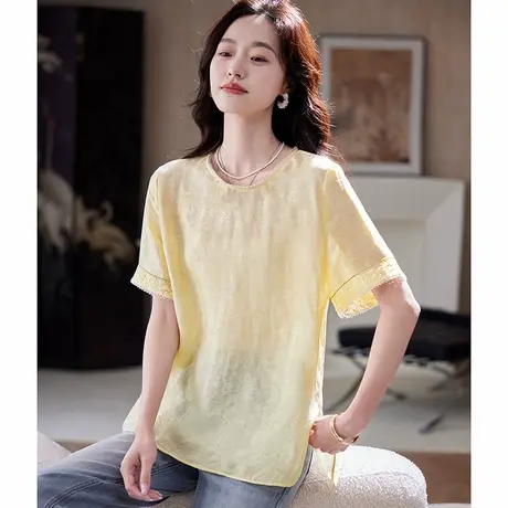 宝诗黎圆领刺绣提花雪纺衫女2025夏季慵懒气质时尚百搭新中式小衫商品大图