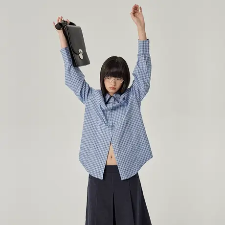 omont蛋挞家 复古美拉蓝长袖衬衫女春季气质宽松休闲百搭格子衬衣商品大图