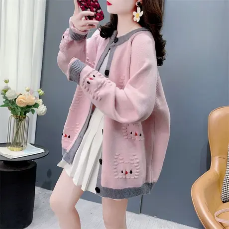 温柔风甜美小猫针织开衫女春季2025新款宽松高级感软糯毛衣外套潮商品大图