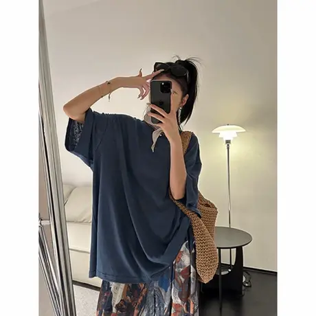 韩国东大门夏季新款港岛庙街简约纯色雪花麻大版慵懒风半袖T恤女商品大图