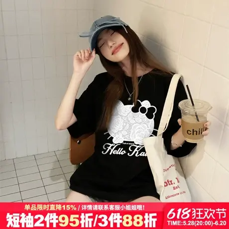 下衣失踪纯欲风黑色正肩t恤女短袖韩系超火凯蒂猫印花半袖上衣潮图片