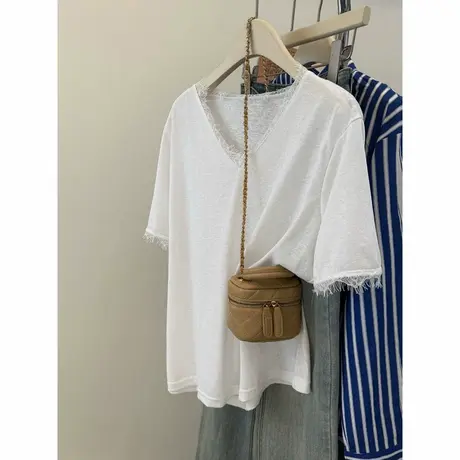 V领正肩蕾丝花边短袖T恤女夏季宽松韩版打底衫内搭拼接半袖上衣潮商品大图