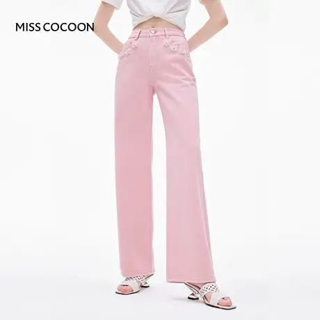 MISSCOCOON可可尼粉色牛仔裤女2025秋季新款欧若风高腰纯棉直筒裤商品大图