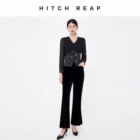希区瑞普黑色丝绒高腰喇叭裤女修身显瘦显高气质休闲裤女神裤子商品大图