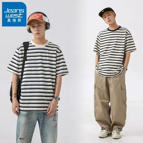 N5真维斯短袖T恤男2025夏季新款美式潮牌重磅圆领条纹情侣上衣服商品大图