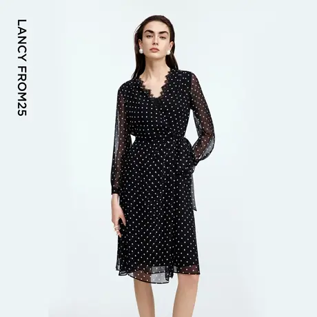 朗姿黑色v领波点连衣裙复古风a字大摆高级感气质裙2025年秋季新款图片