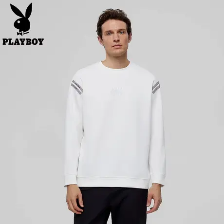 【经典百搭】花花公子圆领卫衣男士柔软细坑条纹无帽套头上衣春季图片