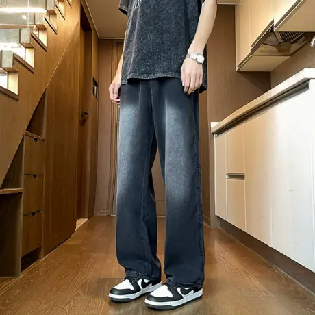 男裤子2025年春夏美式高街系皮带款宽松潮牌牛仔裤男休闲直筒长裤商品大图