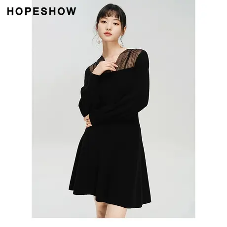 红袖outlets网纱拼接针织裙hopeshow2023冬款V领套头小黑裙连衣裙图片