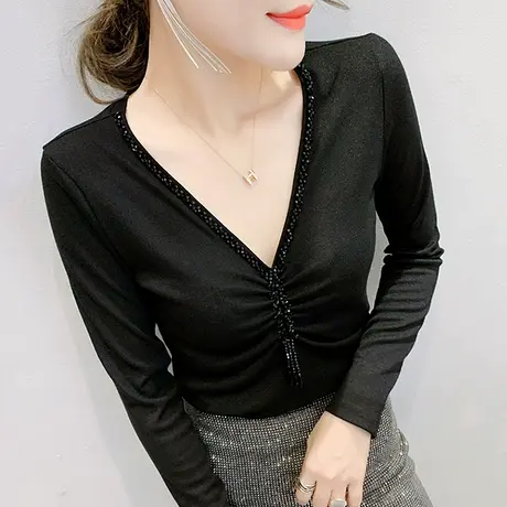 女装2024新款潮时尚钉珠T恤女长袖春秋性感V领气质轻熟上衣打底衫商品大图