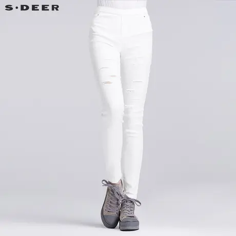 sdeer圣迪奥女装简约纯色休闲破洞牛仔裤S16280813图片