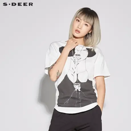 sdeer 圣迪奥女典雅素白圆领人物印花短袖T恤S18280160图片