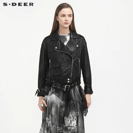 sdeer圣迪奥斜襟收腰机车皮夹克外套女ins潮酷S21162213图片