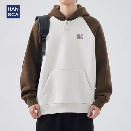 hansca美式重磅加绒加厚连帽卫衣男潮牌秋冬款撞色刺绣插肩袖上衣商品大图