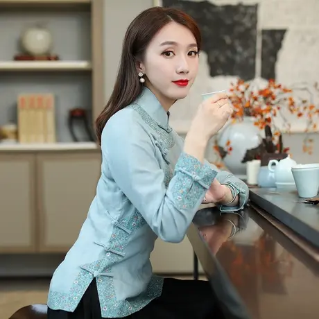 筠雅唐装中国风女装春秋款长袖旗袍式上衣时尚盘扣茶服中式女装商品大图