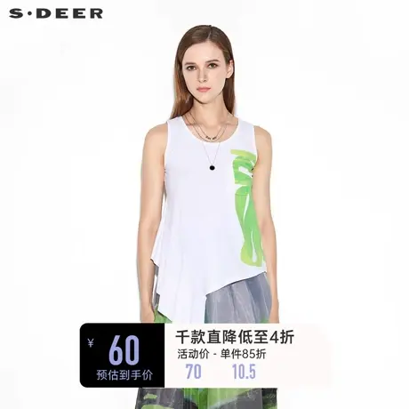 sdeer圣迪奥女夏季短款上衣荧光印花不规则无袖白色T恤S20280314图片