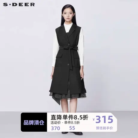 S·DEER圣迪奥女装休闲西装领收腰网纱拼接长款马甲S21381603图片