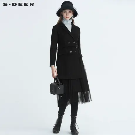 sdeer圣迪奥女装复古撞色条纹收腰网纱拼接长款大衣S20461809图片