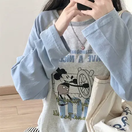 奶蓝fufu~可爱卡通印花长袖T恤女宽松休闲插肩袖打底衫外穿上衣服商品大图
