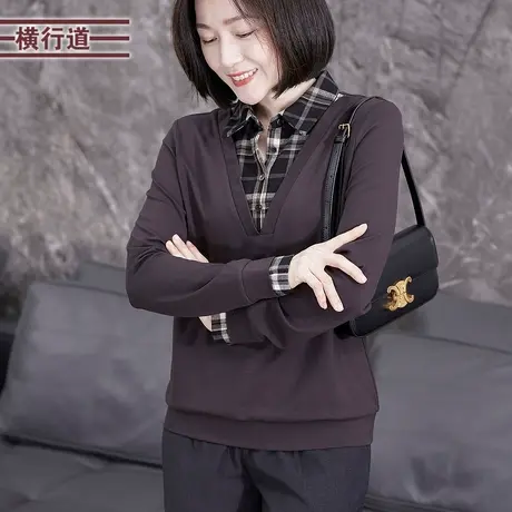 假两件拼接格子衫撞色上衣服打底衫2025春装体恤翻领小衫秋衣女装图片