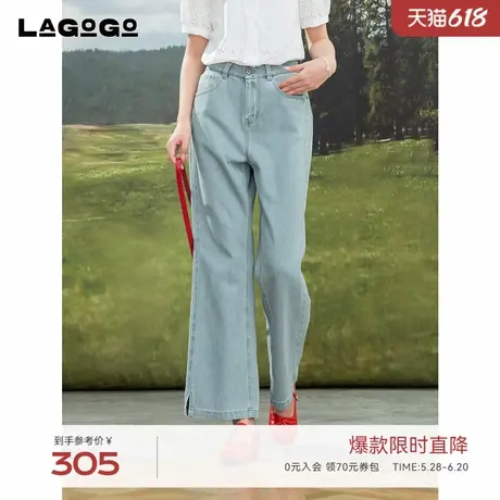 LAGOGO浅蓝色开叉牛仔裤女拉谷谷2025年夏季新款高腰通勤直筒裤商品大图