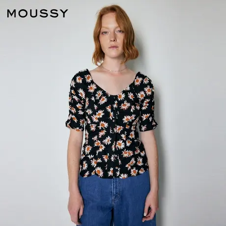 下）MOUSSY  新款印花v领复古抽褶短款衬衫010FAH30-6330商品大图