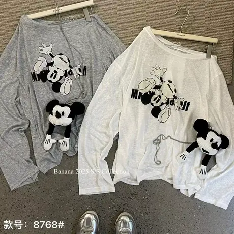 夏季韩版搞怪米奇印花斜领露肩T恤女长袖百搭大码防嗮罩衫上衣潮商品大图