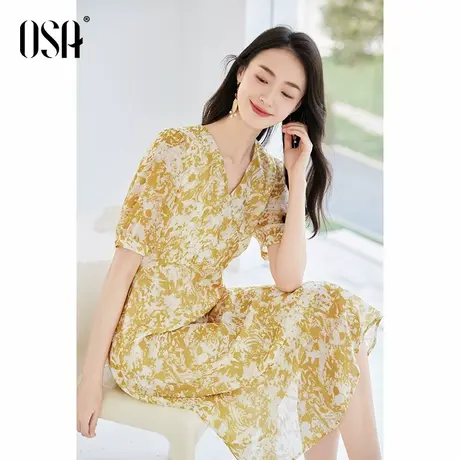 OSA欧莎茶歇法式桔梗黄连衣裙女夏季2024年新款气质显瘦v领碎花裙商品大图