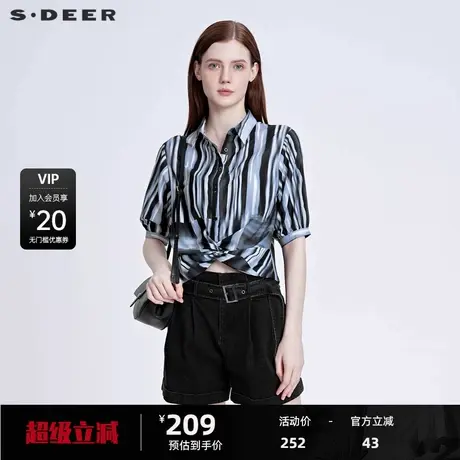 sdeer圣迪奥女装休闲翻领水墨晕染泡泡袖衬衫S222Z0454图片