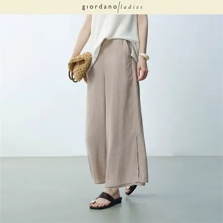 GL2025夏季新款休闲裤女亚麻感半松紧腰双层阔腿九分裤女02425015商品大图