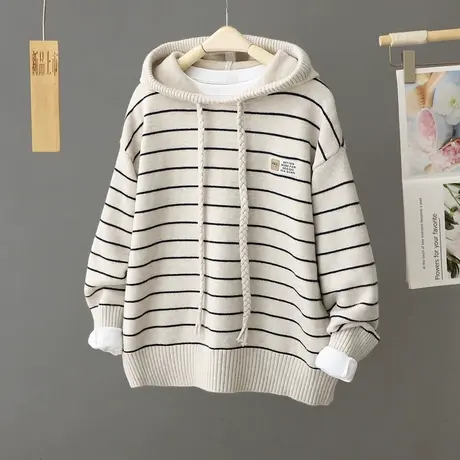 慵懒风连帽条纹毛衣外套女秋冬加厚宽松中长款外穿套头针织衫上衣图片