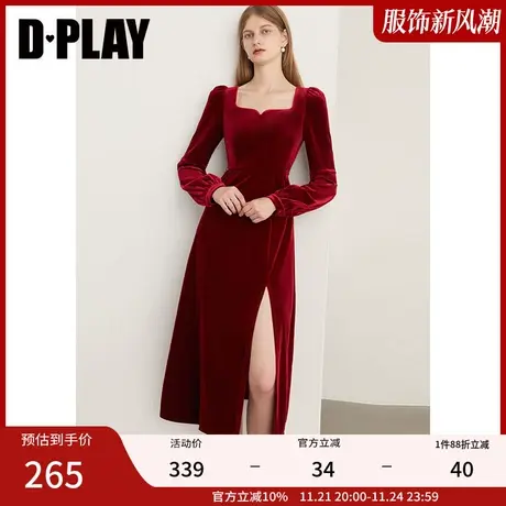 DPLAY新法式复古红色宫廷领侧开衩礼服裙订婚服回门服敬酒服商品大图