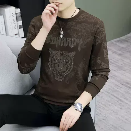 2025秋冬新款男士提花加绒加厚长袖T恤衫加肥加大码烫钻卫衣冬装商品大图