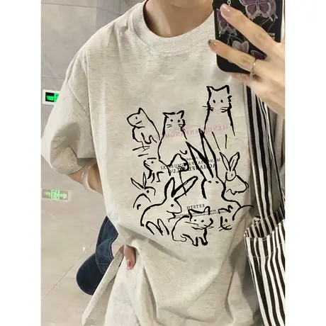 vintage大码短袖T恤女夏oversize宽松显瘦纯棉ins潮洋气减龄上衣商品大图