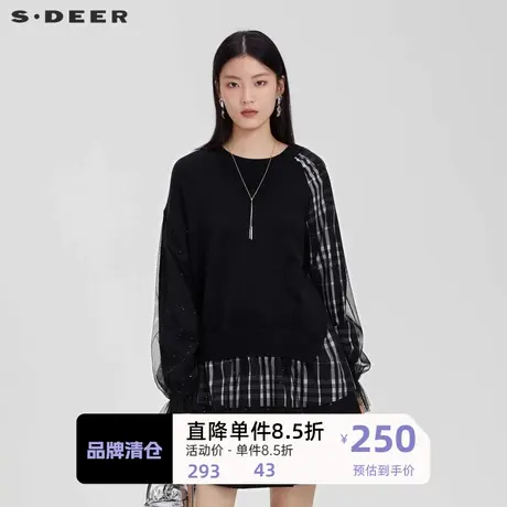 sdeer圣迪奥女装罗纹圆领格纹网纱拼接针织衫S223Z3591🌓商品大图