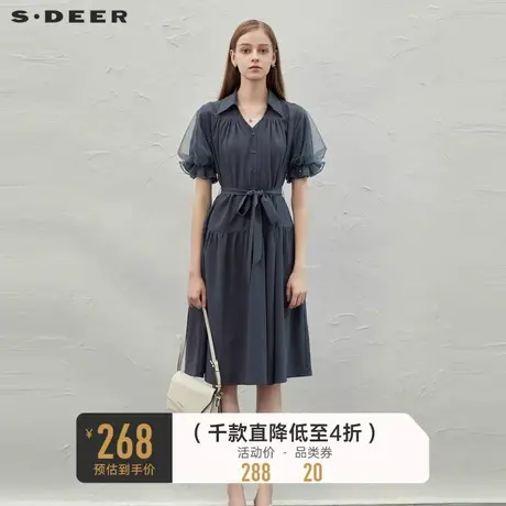 sdeer圣迪奥女装翻领收腰网纱泡泡袖连衣裙S232Z12NZ商品大图