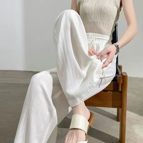 莱赛尔天丝亚麻阔腿裤女夏季薄款宽松垂感防晒直筒拖地白色休闲裤商品大图