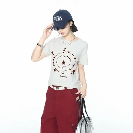 甜辣风短款创意印花短袖T恤女2025夏季新款正肩半袖修身显瘦上衣图片