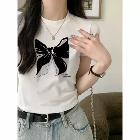 白色蝴蝶结纯棉修身短袖小众短款T恤女2025夏季新款设计感上衣ins图片