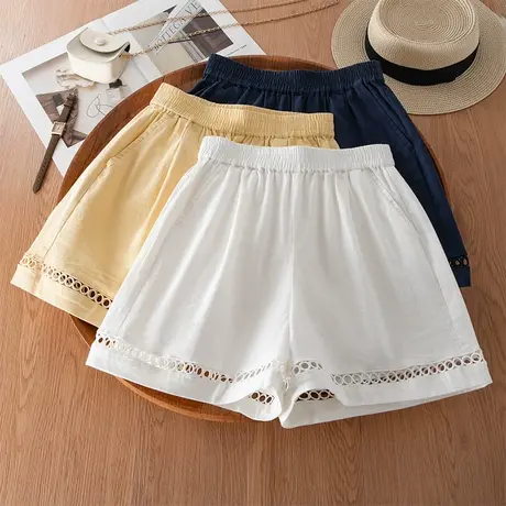 2025夏季新款韩系松紧腰镂空拼接休闲短裤女裤时尚百搭宽松阔腿裤商品大图