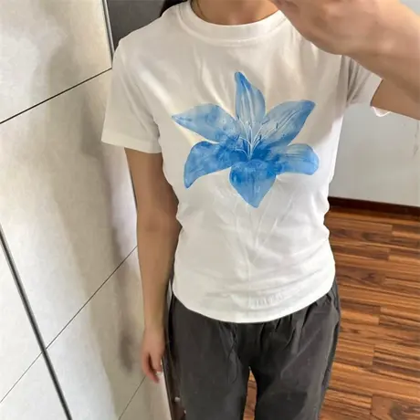 ins超火正肩短袖T恤女夏季修身内搭韩版打底衫个性趣味印花上衣潮商品大图
